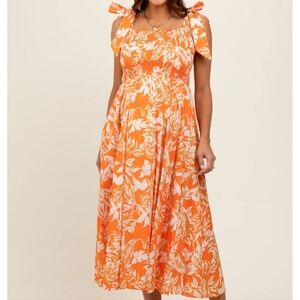 Orange Floral Smocked Tie Shoulder Maternity Midi Dress